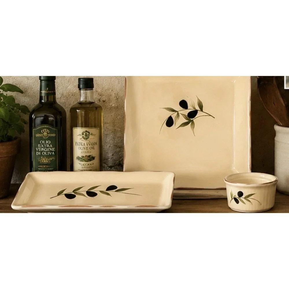 Baum‎ Bros Olivera 4 Pc Serving Set Olive Branch Tuscan Platter Trays Ramekin